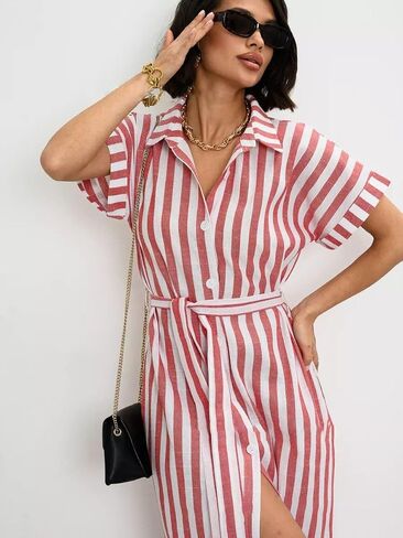 utcoco Women's 2025 Striped Short Sleeve Cotton Maxi Shirt Dress Belted Side Slit Button Down Dress with Pockets in Saudi Arabia