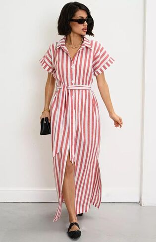 utcoco Women's 2025 Striped Short Sleeve Cotton Maxi Shirt Dress Belted Side Slit Button Down Dress with Pockets in Saudi Arabia