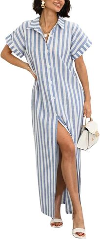 utcoco Women's 2025 Striped Short Sleeve Cotton Maxi Shirt Dress Belted Side Slit Button Down Dress with Pockets in Saudi Arabia