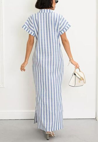utcoco Women's 2025 Striped Short Sleeve Cotton Maxi Shirt Dress Belted Side Slit Button Down Dress with Pockets in Saudi Arabia