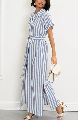 utcoco Women's 2025 Striped Short Sleeve Cotton Maxi Shirt Dress Belted Side Slit Button Down Dress with Pockets in Saudi Arabia