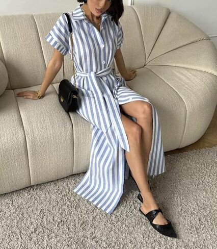 utcoco Women's 2025 Striped Short Sleeve Cotton Maxi Shirt Dress Belted Side Slit Button Down Dress with Pockets in Saudi Arabia