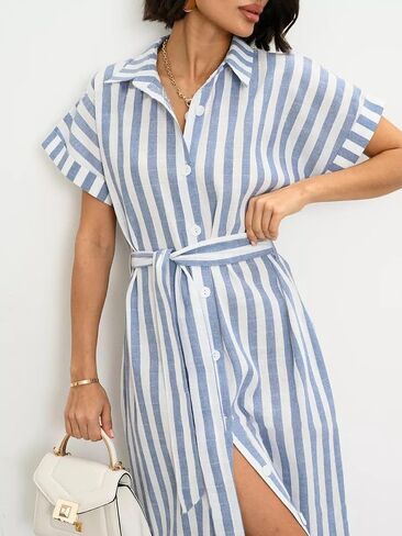 utcoco Women's 2025 Striped Short Sleeve Cotton Maxi Shirt Dress Belted Side Slit Button Down Dress with Pockets in Saudi Arabia