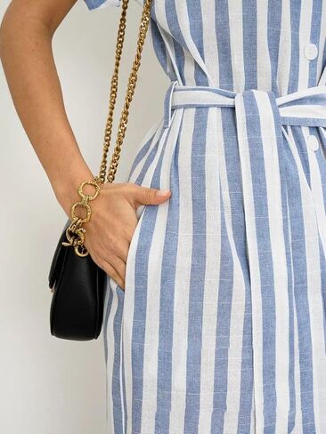 utcoco Women's 2025 Striped Short Sleeve Cotton Maxi Shirt Dress Belted Side Slit Button Down Dress with Pockets in Saudi Arabia