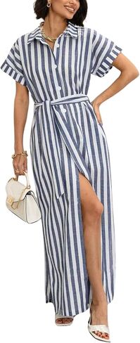 utcoco Women's 2025 Striped Short Sleeve Cotton Maxi Shirt Dress Belted Side Slit Button Down Dress with Pockets in Saudi Arabia