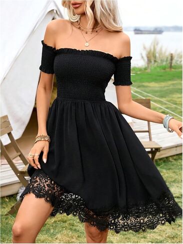 صيف سولي هوكس للسيدات قبالة الدانتيل الكتف shirred Flowy Short Dress Music Festival Factival Factival in Saudi Arabia