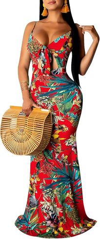 Women's Summer Floral Spaghetti Strap Long Maxi Dresses Low-Cut Bohemian Beach Sundress in Kuwait