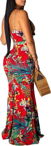 Women's Summer Floral Spaghetti Strap Long Maxi Dresses Low-Cut Bohemian Beach Sundress in Kuwait