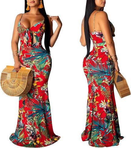 Women's Summer Floral Spaghetti Strap Long Maxi Dresses Low-Cut Bohemian Beach Sundress in Kuwait