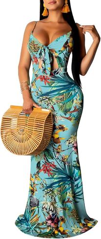 Women's Summer Floral Spaghetti Strap Long Maxi Dresses Low-Cut Bohemian Beach Sundress in Kuwait