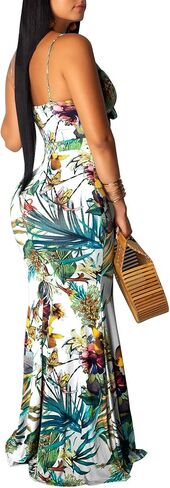 Women's Summer Floral Spaghetti Strap Long Maxi Dresses Low-Cut Bohemian Beach Sundress in Kuwait