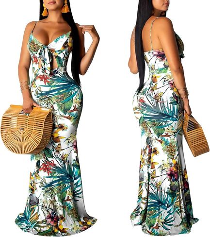 Women's Summer Floral Spaghetti Strap Long Maxi Dresses Low-Cut Bohemian Beach Sundress in Kuwait