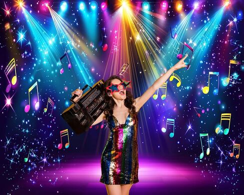 Aiikes 7x5ft Rainbow Stage Photography Backdrop1980s ملونة ديسكو خلفية موسيقى الروك توهج نيون رقص ديكورات حفلة عيد ميلاد خلفية XY142 in Kuwait