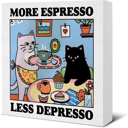 Funny Coffee Cat Decor More Espresso Less Depresso Wood Block Sign for Cafe Kitchen Coffee Station Desk Table Shelf, Coffee Lover Gifts in Saudi Arabia