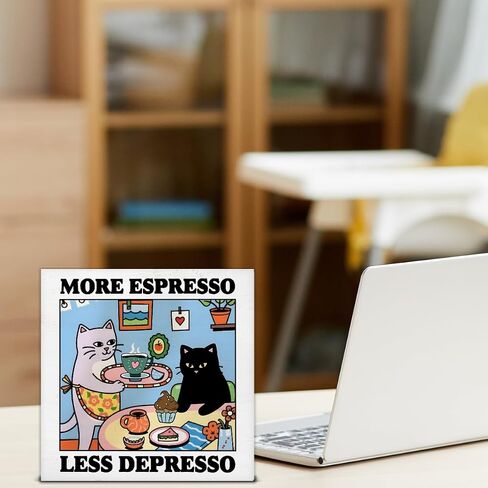 Funny Coffee Cat Decor More Espresso Less Depresso Wood Block Sign for Cafe Kitchen Coffee Station Desk Table Shelf, Coffee Lover Gifts in Saudi Arabia