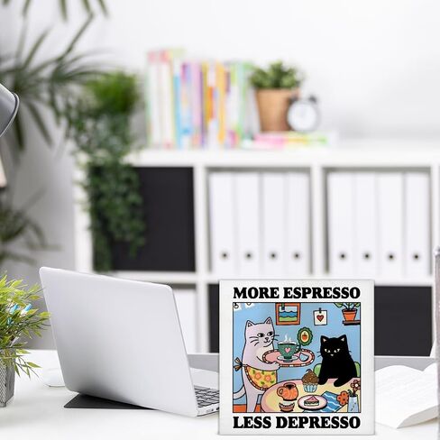 Funny Coffee Cat Decor More Espresso Less Depresso Wood Block Sign for Cafe Kitchen Coffee Station Desk Table Shelf, Coffee Lover Gifts in Saudi Arabia