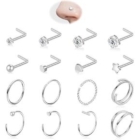 16PCS Nose Ring Studs 20G Nose Ring Hoop, L Shaped 14K Gold Plated 316L Surgical Steel Hypoallergenic Studs Set Clicker Hinged Ball CZ Piercing Jewelry for Women Men in Saudi Arabia