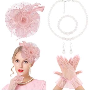 CAVETEE 4 Pcs Fascinator for Women, ChampagneTea Party Fascinators and Lace Glove Set for Women 1920s Party in Saudi Arabia