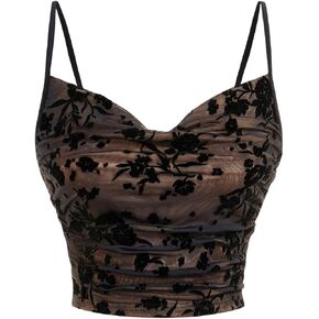 Milumia Women's Floral Mesh Cowl Neck Cami Top Spaghetti Straps Cropped Tops in Saudi Arabia