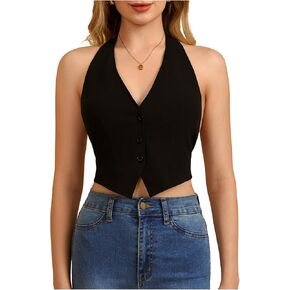 MakeMeChic Women's Button Front Halter Crop Tops Tie Back Fitted Vest Top Suit Vest Waistcoat in Saudi Arabia