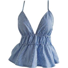 SOLY HUX Women's Y2k Striped Babydoll Camisole Deep V Neck Backless Peplum Cami Tops in Kuwait