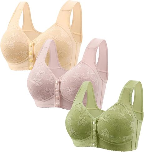 bmkBWO 3 Pack Daisy Bras for Older Women,Front Closure Push Up Bras No Underwire Plus Size Full Coverage Everyday Bralettes in Kuwait