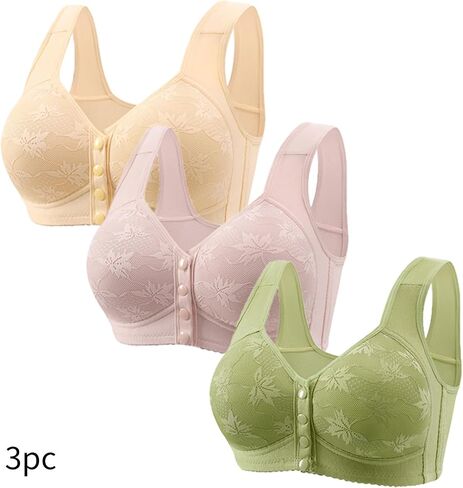 bmkBWO 3 Pack Daisy Bras for Older Women,Front Closure Push Up Bras No Underwire Plus Size Full Coverage Everyday Bralettes in Kuwait