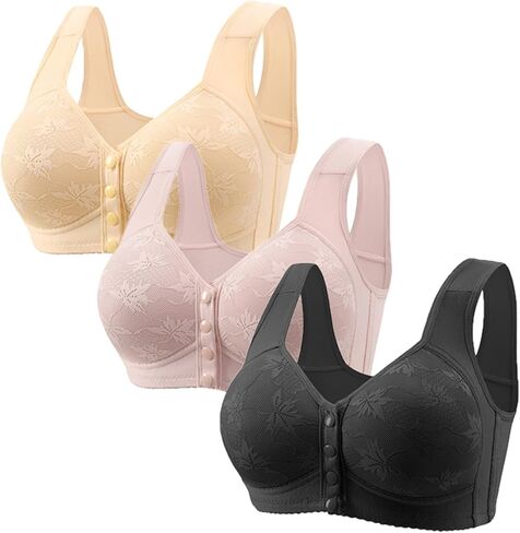 bmkBWO 3 Pack Daisy Bras for Older Women,Front Closure Push Up Bras No Underwire Plus Size Full Coverage Everyday Bralettes in Kuwait