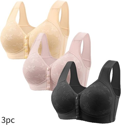 bmkBWO 3 Pack Daisy Bras for Older Women,Front Closure Push Up Bras No Underwire Plus Size Full Coverage Everyday Bralettes in Kuwait