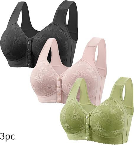 bmkBWO 3 Pack Daisy Bras for Older Women,Front Closure Push Up Bras No Underwire Plus Size Full Coverage Everyday Bralettes in Kuwait