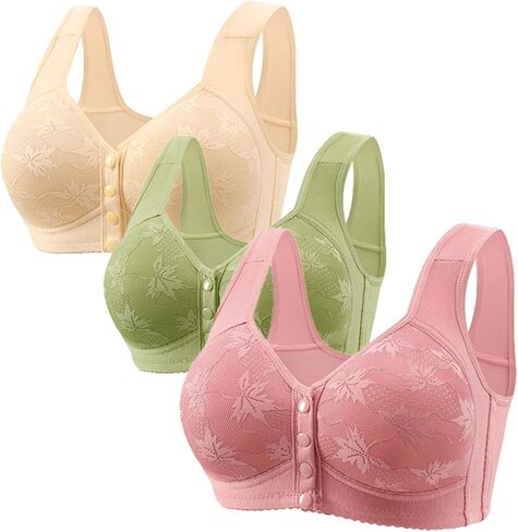 bmkBWO 3 Pack Daisy Bras for Older Women,Front Closure Push Up Bras No Underwire Plus Size Full Coverage Everyday Bralettes in Kuwait
