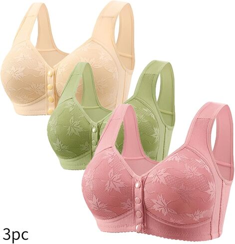 bmkBWO 3 Pack Daisy Bras for Older Women,Front Closure Push Up Bras No Underwire Plus Size Full Coverage Everyday Bralettes in Kuwait