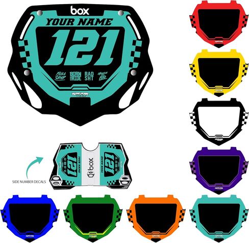 Custom BMX Box شارات لوحة رقمين - تخصيص رسومات السباق الخاصة بك مع اسمك ورقمك ، والتصميمات المتميزة متعددة الألوان ، ومربع اللوحات ، والأحجام المبتدئين والكبار. in Saudi Arabia
