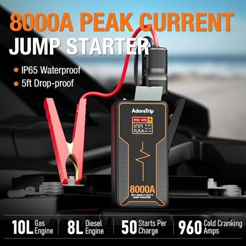 Portable Car Battery Jump Starter 8000 Peak Amp / 960 Cold Cranking Amp 12V Smart Display Jumper Cables with Force Start for Car Booster Start Box for 10L Gas/8L Diesel Engines, 48 Months Standby in Saudi Arabia
