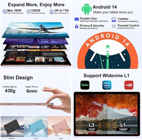 Tablet 2024 11 بوصة قرص Android 14 أقراص مع سعة تخزين كبيرة 128 جيجابايت + 20 جيجابايت ، أوكترا) 2.0 جيجا هرتز ، و 8000 مللي أمبير في الساعة ، و 18 واط شحن سريع ، و wifi 5g ، ونظام تحديد المواقع العالمي (GPS) ، وكاميرا 5 + 13 ميجابكسل ، وكاميرا عريضة L1 ، in Kuwait