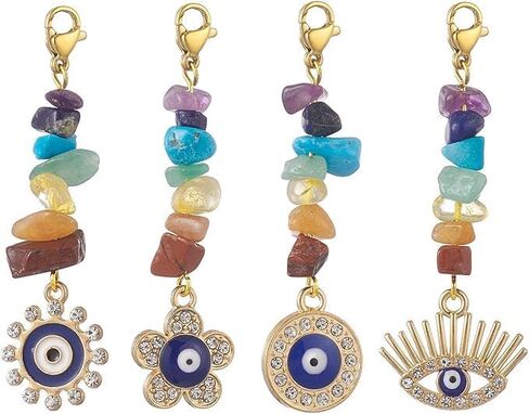 T.F&CI DECOR Evil Eye Keychain with 7 Chakra Crystals and Healing Stones, Feng Shui Good Luck Amulet, Spiritual Gift for Women, Quartz Bag Charm, Turkish Key Ring, 4PCS in Saudi Arabia
