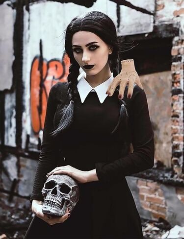 Adult Halloween Costume Women with Big Thing Hand Classic Black Dress Gothic Family Party in Kuwait