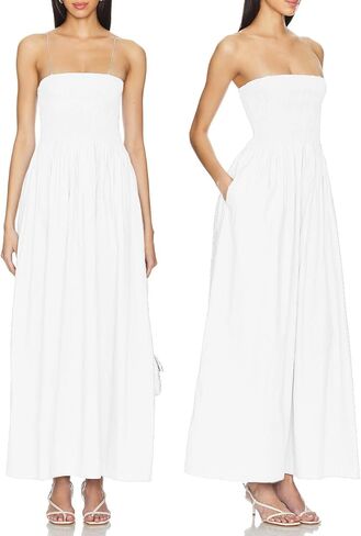 Aigeman Women Detachable Strap Dress Strapless Smocked Bodice Maxi Dress Pockets Long Swing Flowy Beach Sundress 373 in Saudi Arabia