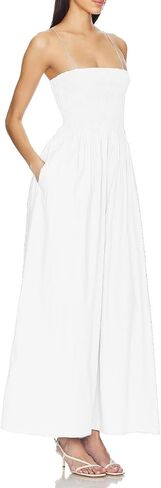 Aigeman Women Detachable Strap Dress Strapless Smocked Bodice Maxi Dress Pockets Long Swing Flowy Beach Sundress 373 in Saudi Arabia