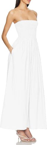 Aigeman Women Detachable Strap Dress Strapless Smocked Bodice Maxi Dress Pockets Long Swing Flowy Beach Sundress 373 in Saudi Arabia