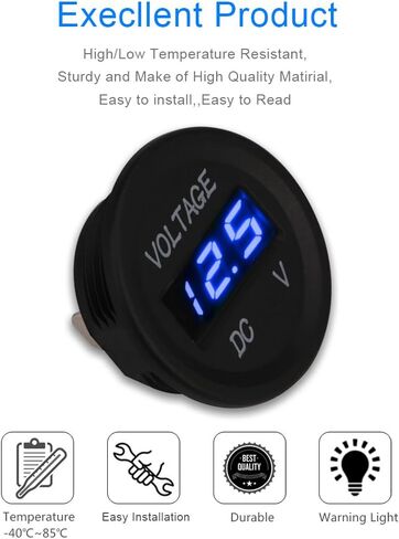 DC 12V LED Digital Display Voltmeter Waterproof for Boat Marine Vehicle Motorcycle Truck ATV UTV Car Camper Caravan Blue/Red/Green Digital Round Panel (Blue) in Kuwait