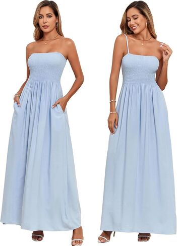 Aigeman Women Detachable Strap Dress Strapless Smocked Bodice Maxi Dress Pockets Long Swing Flowy Beach Sundress 373 in Saudi Arabia