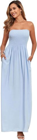 Aigeman Women Detachable Strap Dress Strapless Smocked Bodice Maxi Dress Pockets Long Swing Flowy Beach Sundress 373 in Saudi Arabia