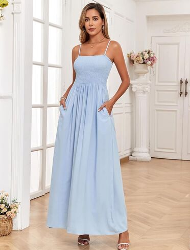 Aigeman Women Detachable Strap Dress Strapless Smocked Bodice Maxi Dress Pockets Long Swing Flowy Beach Sundress 373 in Saudi Arabia