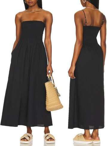 Aigeman Women Detachable Strap Dress Strapless Smocked Bodice Maxi Dress Pockets Long Swing Flowy Beach Sundress 373 in Kuwait