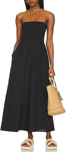 Aigeman Women Detachable Strap Dress Strapless Smocked Bodice Maxi Dress Pockets Long Swing Flowy Beach Sundress 373 in Kuwait