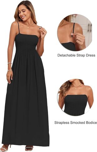 Aigeman Women Detachable Strap Dress Strapless Smocked Bodice Maxi Dress Pockets Long Swing Flowy Beach Sundress 373 in Kuwait