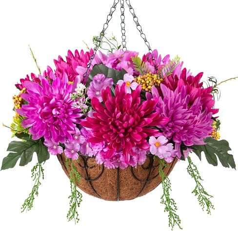 Artificial Hanging Flowers with Basket Fake Summer Lavender for Outdoor Decor, 12 Bundles Faux Purple Outside Decoration Realistic UV Resistant Plants for Porch Balcony Patio Garden Yard in Kuwait