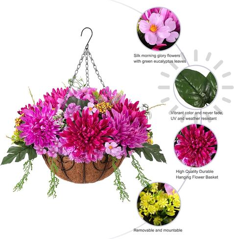 Artificial Hanging Flowers with Basket Fake Summer Lavender for Outdoor Decor, 12 Bundles Faux Purple Outside Decoration Realistic UV Resistant Plants for Porch Balcony Patio Garden Yard in Kuwait