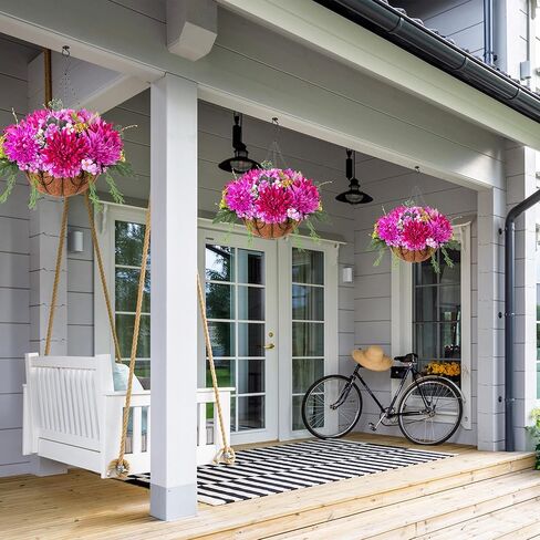 Artificial Hanging Flowers with Basket Fake Summer Lavender for Outdoor Decor, 12 Bundles Faux Purple Outside Decoration Realistic UV Resistant Plants for Porch Balcony Patio Garden Yard in Kuwait